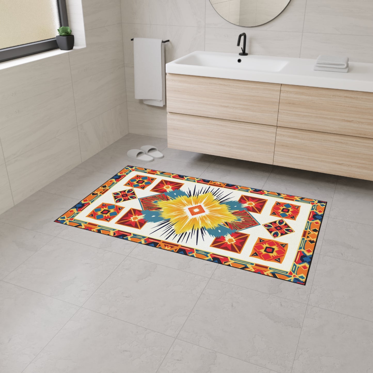 A modern bathroom with light gray tiled floor and walls, a wooden vanity with a white sink, towel, and slippers. An African-inspired floor mat featuring vibrant geometric patterns in red, yellow, blue, and orange is centered on the floor.