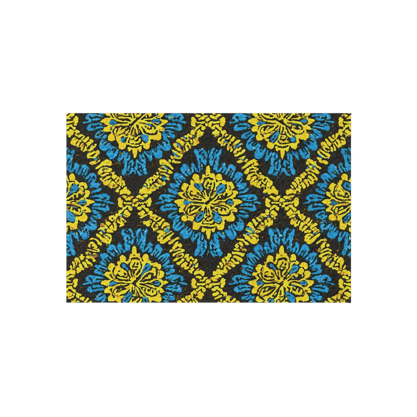 A rectangular outdoor patio rug featuring a repeating geometric pattern with yellow and blue floral motifs on black, arranged in diamond shapes. This African-inspired outdoor rug offers bold, vibrant style and is crafted from weather-resistant polyester chenille.