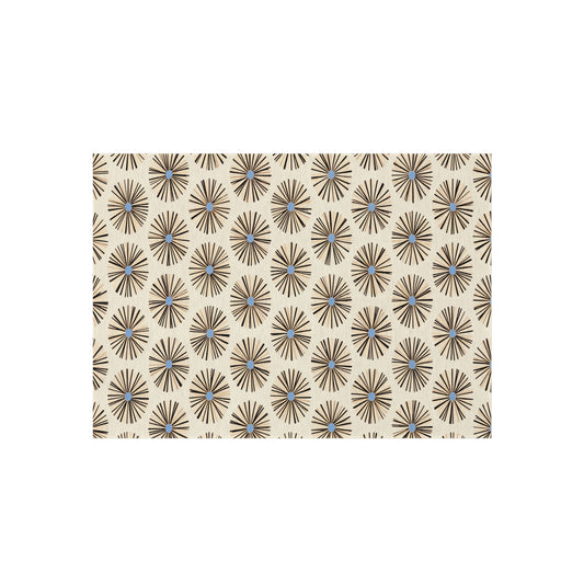A rectangular beige surface features a repeating pattern of dark brown starburst shapes, each with a small pale blue dot at the center. Inspired by authentic African art designs, this geometric retro look brings unique style to any space.