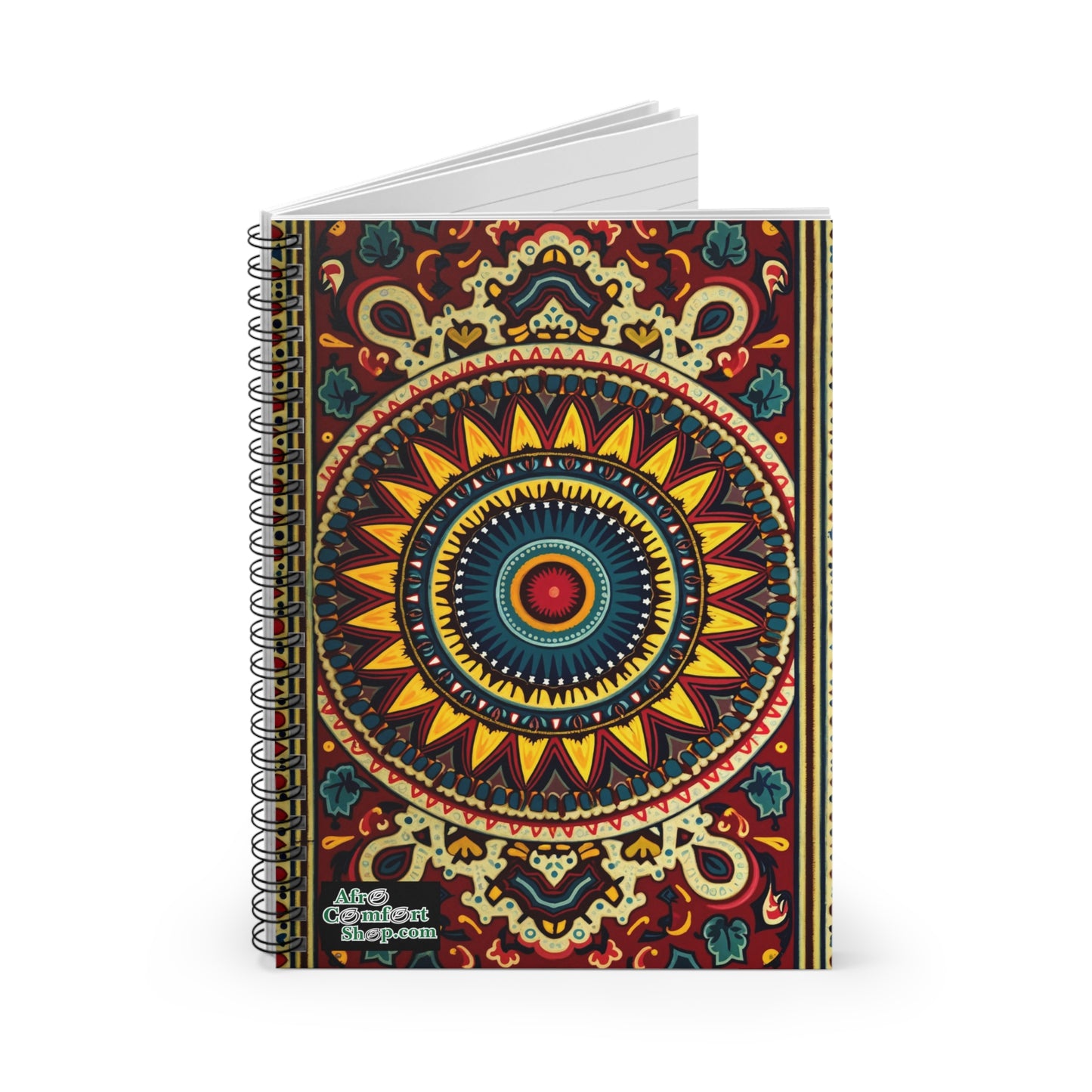 A premium writing notebook featuring a vibrant, intricate mandala in yellow, red, blue, and green tones. This African-inspired spiral notebook has “The Confident Stepmom” printed in white at the bottom left corner.