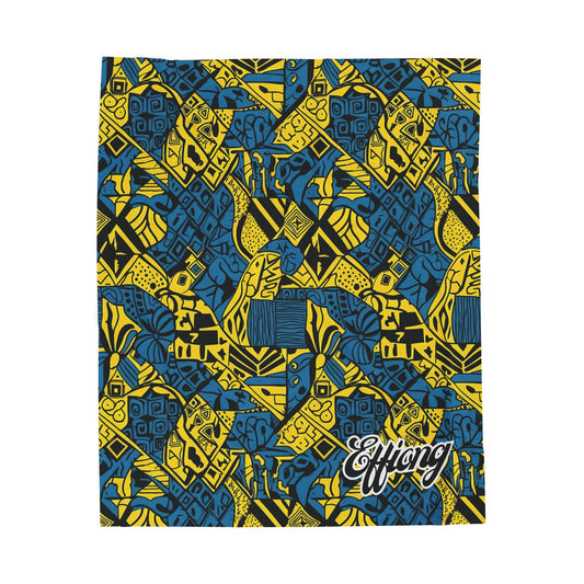 A vibrant notebook cover with a geometric and abstract pattern in yellow, blue, and black, inspired by African-inspired blanket designs. Stylized birds and shapes adorn the cover, with “Effiong” in white script at the bottom right corner.