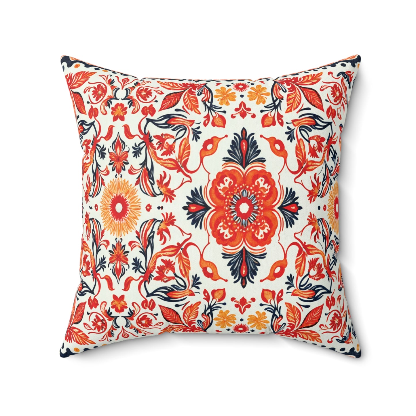Square faux suede pillow with a vibrant floral pattern featuring red, orange, yellow, and navy blue flowers on white. This African inspired accent pillow showcases a large central bloom with smaller flowers and vines completing the lively design.