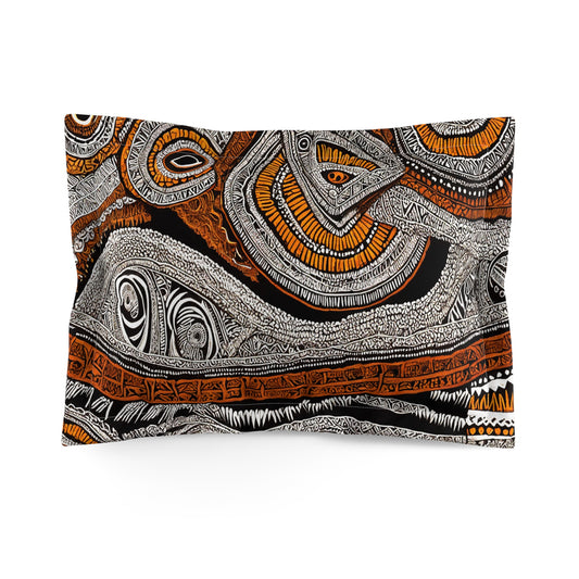 A rectangular luxury pillow sham features intricate, abstract patterns in black, white, and orange. Swirling shapes and dots create a textured, tribal-inspired design reminiscent of traditional African-inspired pillow shams.