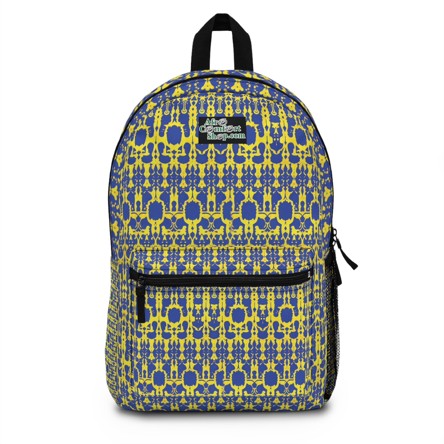 A boho chic rucksack with a vibrant yellow and blue geometric pattern, featuring interconnected shapes. It has a black zipper, front pocket, mesh side pocket, black straps, and a patch reading “Akintoye Campbell Collections” in white script.