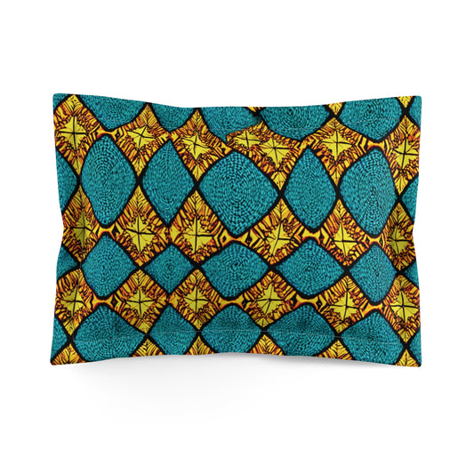 A rectangular pillowcase with a bold geometric pattern of overlapping blue and yellow diamond shapes, this luxury pillow sham features textured blue dots and orange-veined yellow diamonds, all outlined in black for a silk-smooth feel.