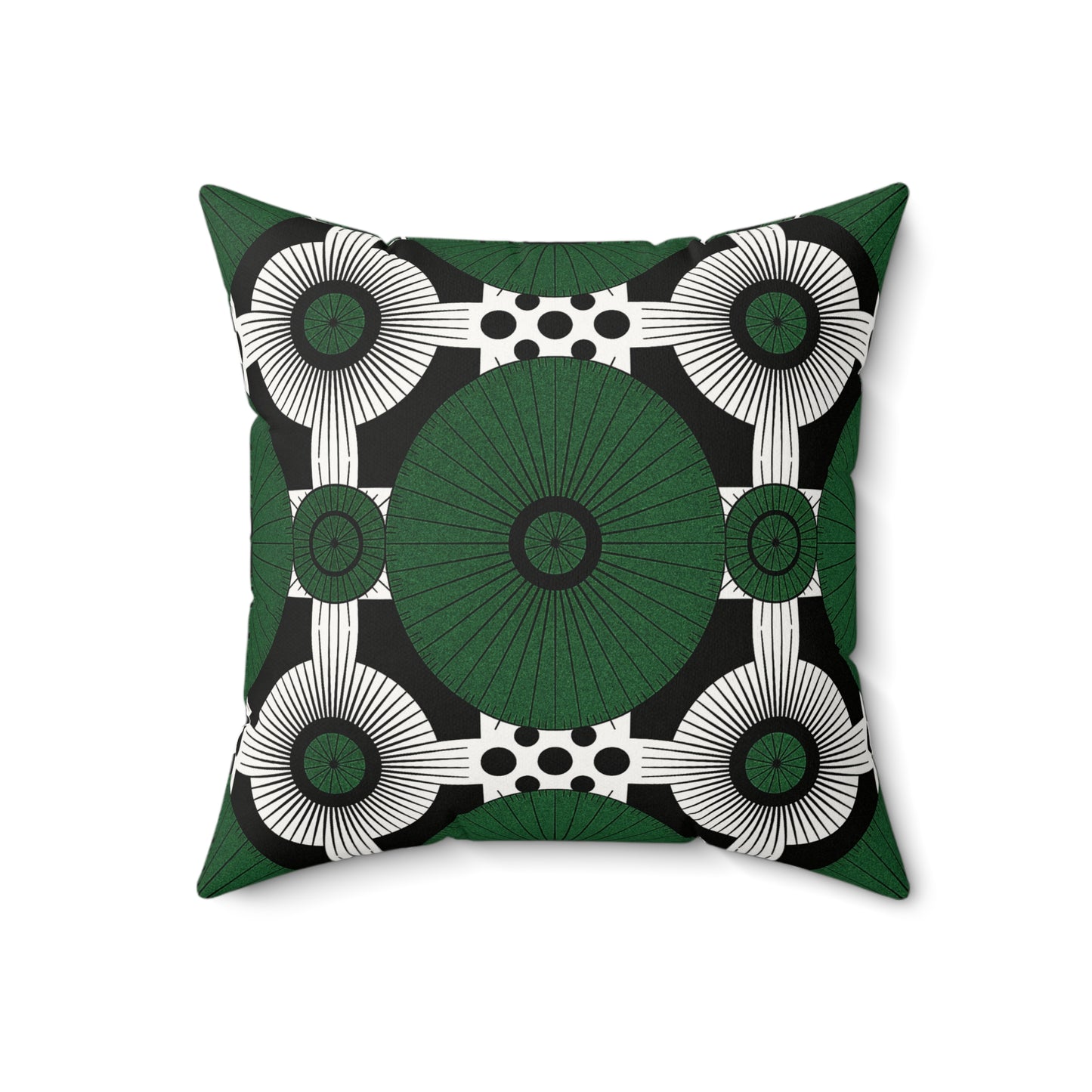 This African inspired accent pillow features a bold geometric pattern with large green ovals, radiating lines, and black polka dots. The white and black background enhances its modern symmetry—perfect as a faux suede pillow for any contemporary space.