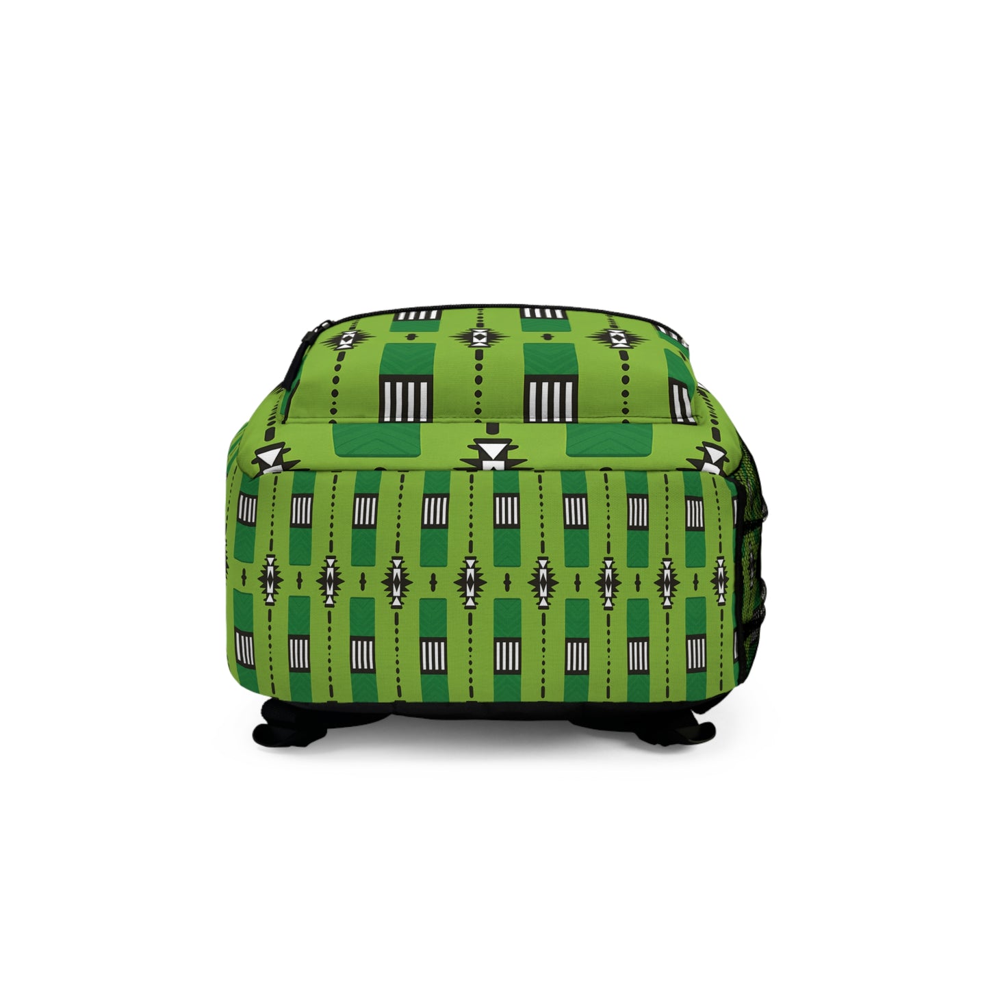 A green square ottoman with a geometric pattern featuring vertical black and white rectangles, zigzag shapes, and dotted lines. Its bold, modern design echoes motifs often seen on African-inspired backpacks for a touch of worldly sophistication.