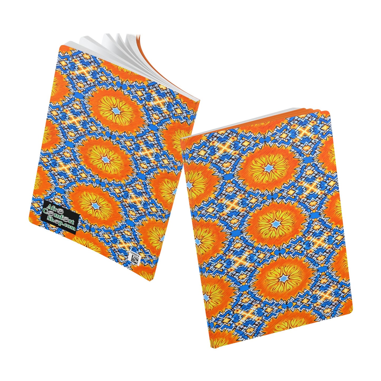 Two notebooks with vibrant covers featuring a repeating geometric sunburst pattern, blue mosaic tiles, and white accents. Perfect as an African-inspired journal or travel diary—one is closed, the other open with crisp white pages ready for creative journaling.