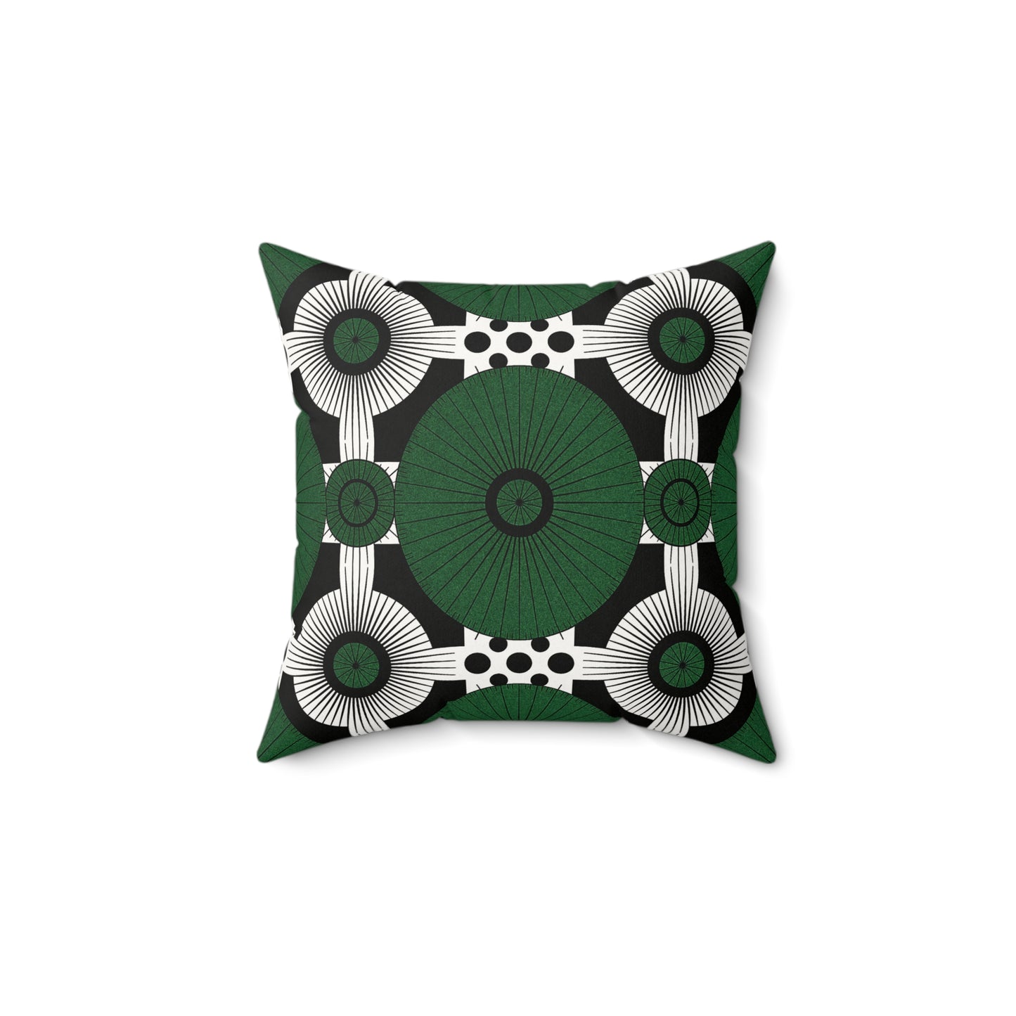 Square green and black throw pillow with a bold geometric pattern. Large green circles, radiating lines, and overlapping fan shapes create a modern, symmetrical look—perfect as an African accent pillow on your sofa or bed.