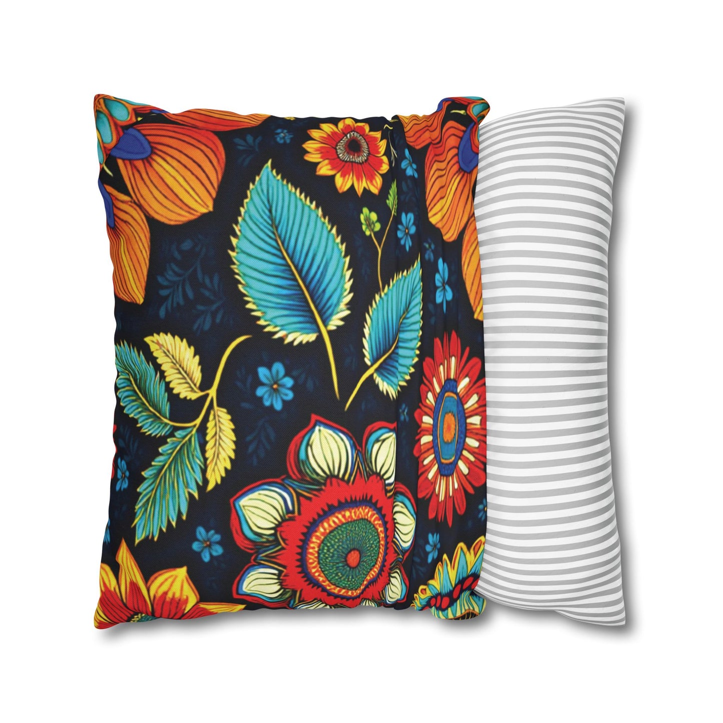 Two pillows are shown. One features vibrant pillowcases with a bold floral pattern in red, yellow, blue, and green on black. The other has a simple gray and white horizontal striped design. Both are set against a white background.