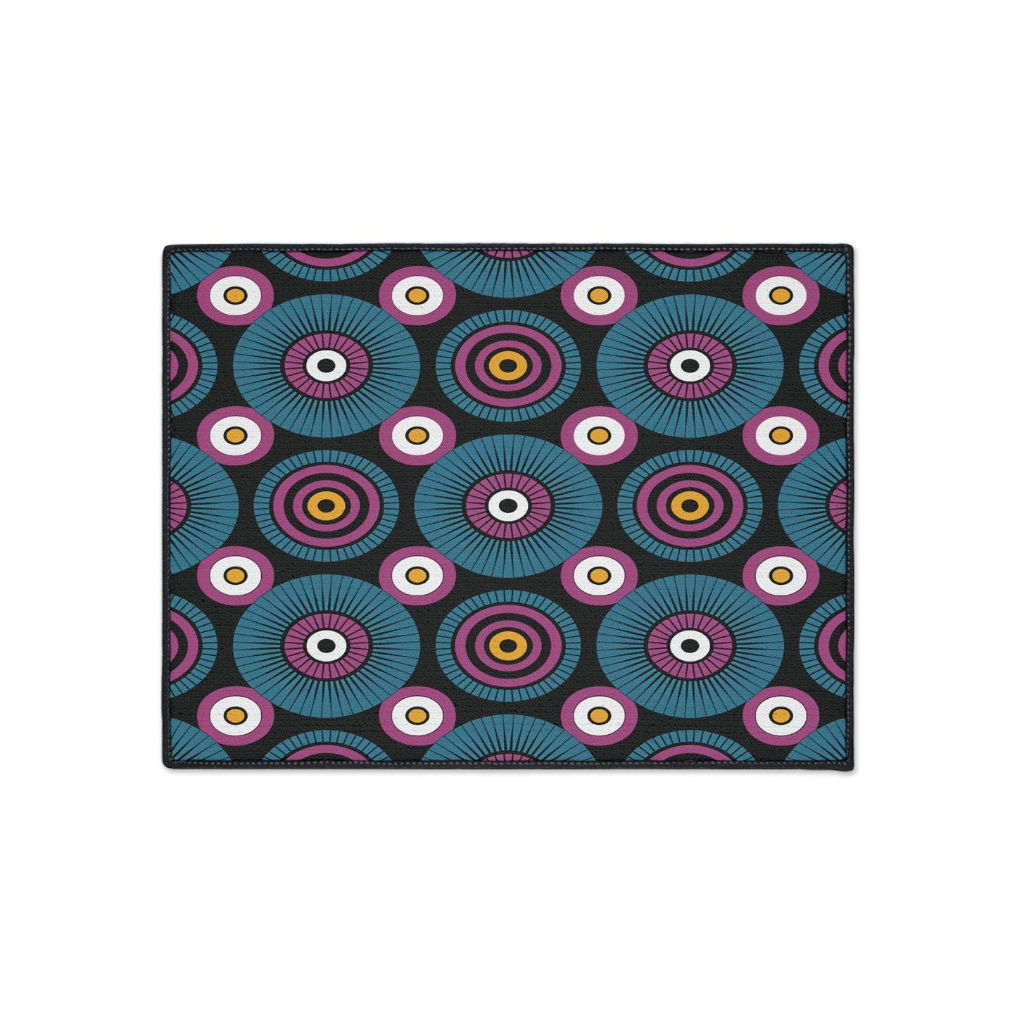Rectangular mat with a repeating abstract pattern of concentric circles in vibrant hues on a black background. This African-inspired floor mat features a geometric, retro, kaleidoscopic effect and includes a non-slip rubber backing for added safety.