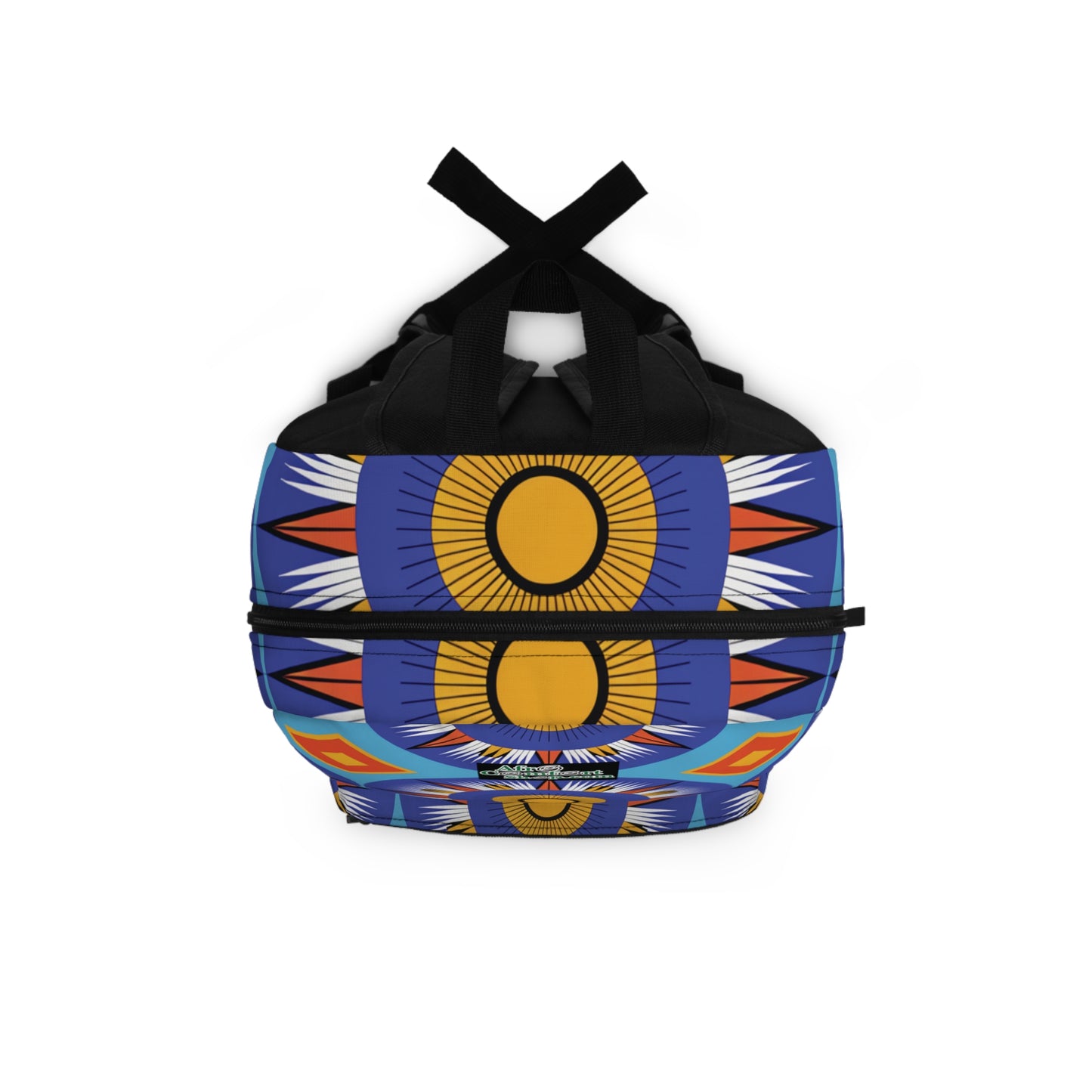 A duffle bag with black handles features a bold design of yellow suns with radiating orange, white, and blue patterns on a blue background. The geometric motifs give this vibrant backpack a striking, symmetrical look.