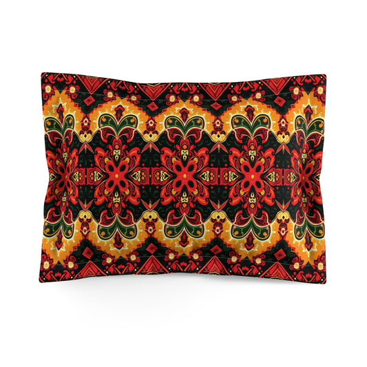 Rectangular pillow with a vibrant, African-inspired symmetrical pattern in red, orange, yellow, green, and black. The design features floral and leaf motifs in repeating horizontal rows for an ornate, tapestry-like look on a white background.