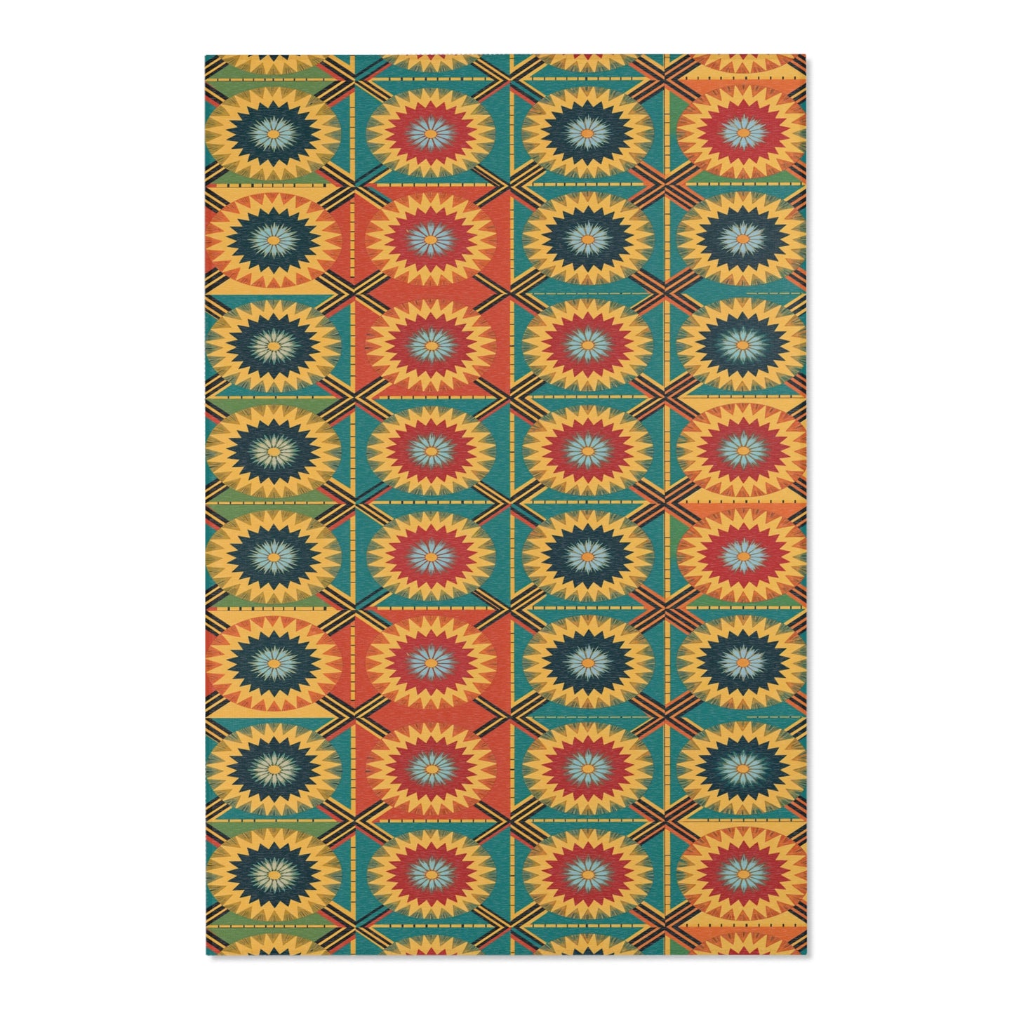A rectangular textile with a repeating geometric pattern inspired by African design rugs. Squares filled with starburst shapes in red, yellow, teal, and navy create a vibrant mosaic—perfect for stylish home decor.