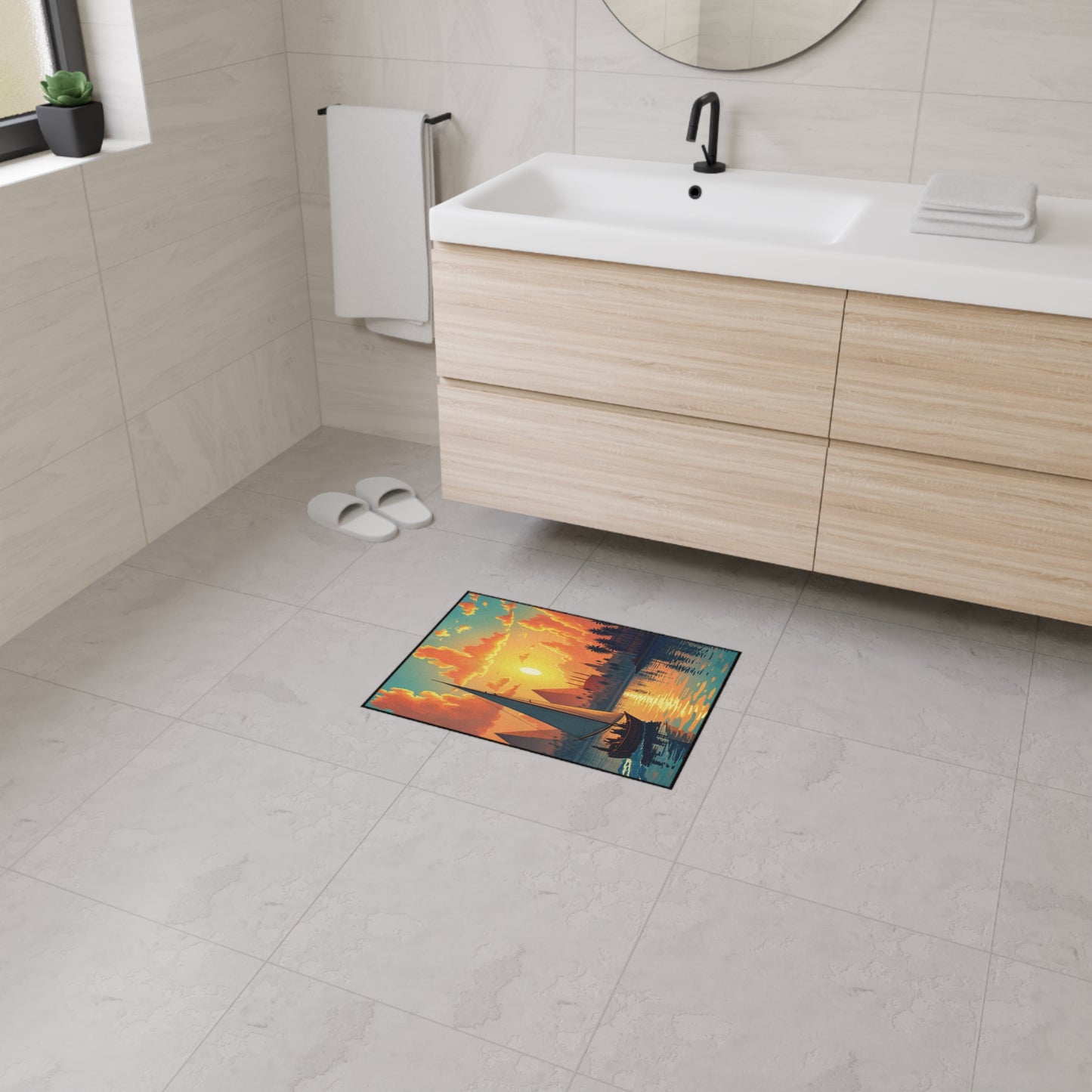Modern bathroom with light tiled floors and walls, a light wood vanity with a white sink, a round mirror, white towel, and slippers. A colorful bath mat with non-slip rubber backing features a sunset, sailboat, and palm trees near the sink.