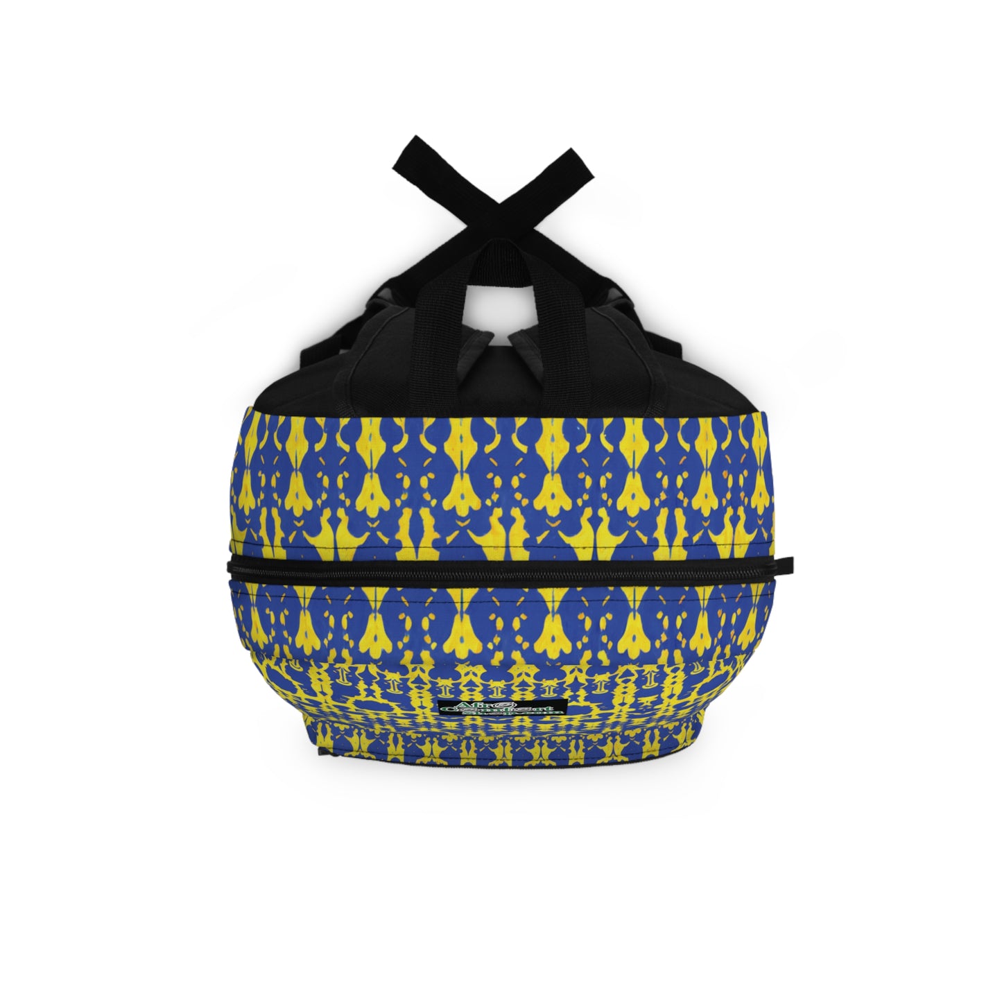 A round duffel bag with black handles and a zipper, this African-inspired backpack features a blue background with a repeating yellow pattern resembling stylized flowers, creating a bold, modern design. The top and bottom share the same striking motif.