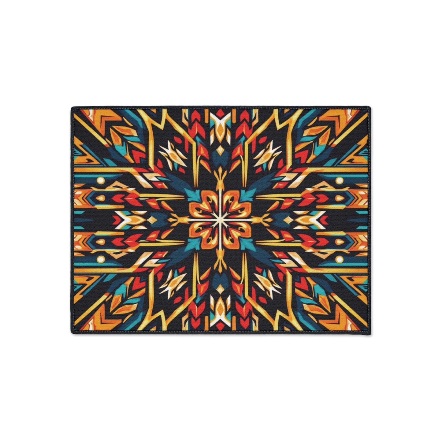 Rectangular non-slip rug with a vibrant symmetrical pattern featuring geometric shapes in red, orange, yellow, blue, and teal on a black background. The design radiates from the center, perfect for African-inspired home decor.