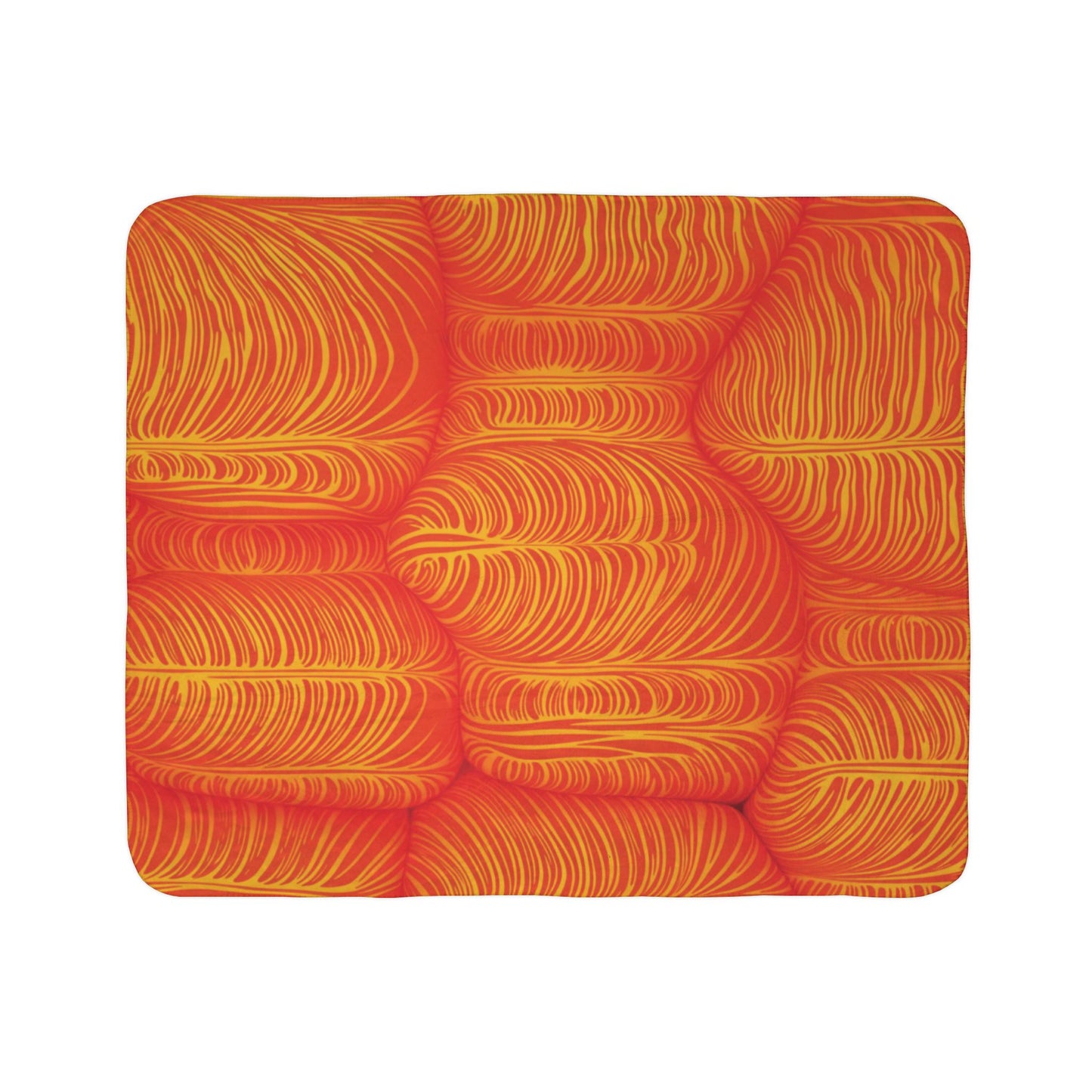 A rectangular sherpa-backed fleece blanket with an abstract pattern of curved, wavy yellow lines on a bright orange background, creating a textured look that adds cozy home decor style reminiscent of stylized cells or fibers.