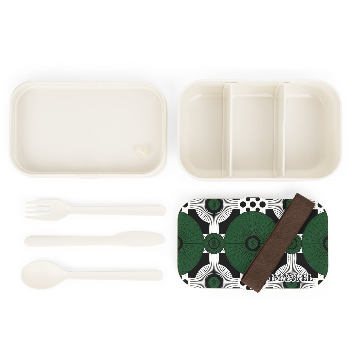 An African-inspired bento lunch box set featuring a white tray with three sections, a matching lid in green and black geometry, a brown elastic band, and BPA-free fork, spoon, and knife—all arranged neatly on a white background.