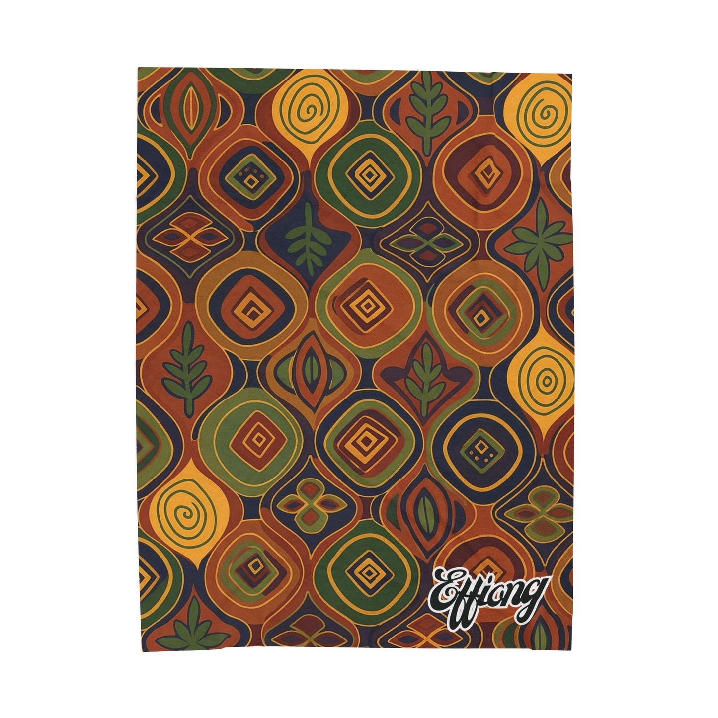 A rectangular African-inspired blanket with a vibrant, abstract pattern of overlapping geometric shapes in earthy tones—orange, yellow, green, and brown. Small leaf motifs are scattered throughout. Effiong appears in stylized white script near the bottom right corner.