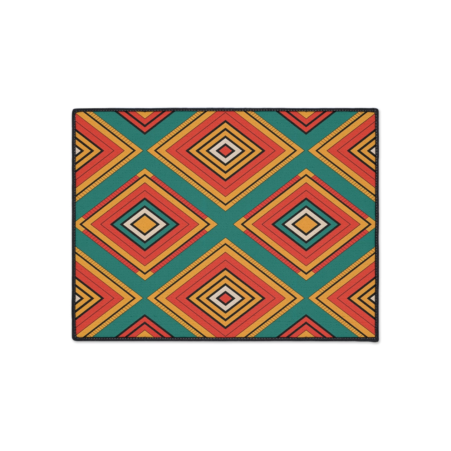 Rectangular mat with a bold geometric pattern of diamond shapes in orange, red, yellow, and teal arranged in rows. Featuring African-inspired aesthetics on a white background, this mat includes a black border and non-slip rubber backing for stability.