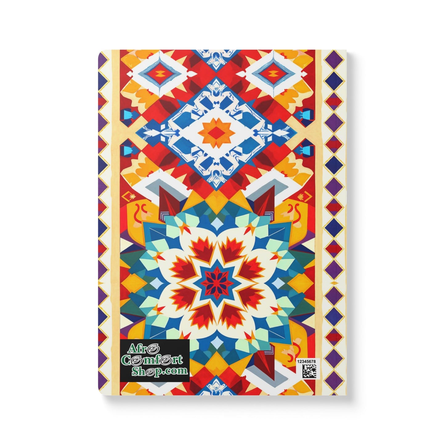 A colorful rectangular African-inspired journal features a vibrant geometric and floral pattern in red, blue, orange, yellow, and white. The lower left corner displays the “Afro Comfort Shop.com” logo, with a small QR code in the bottom right corner.