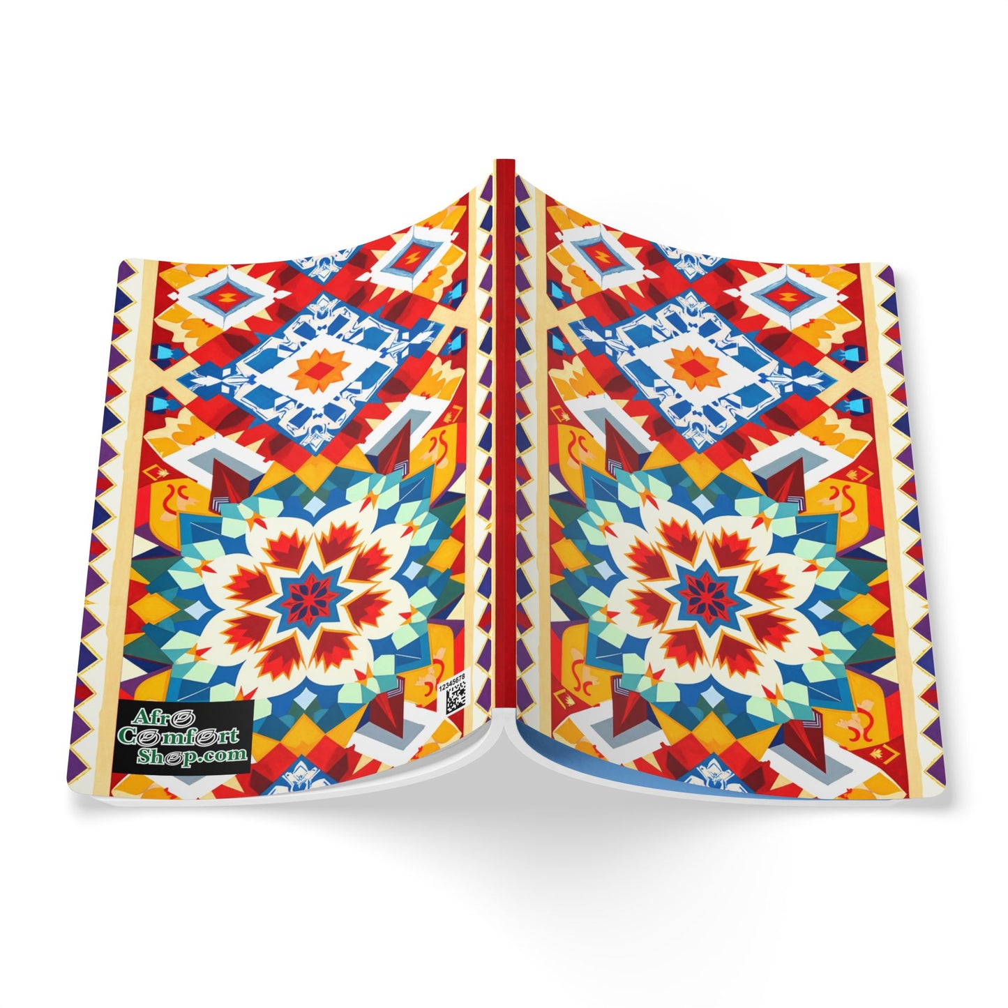 A creative notebook with a vibrant cover features bold geometric patterns in red, blue, yellow, and white, resembling a traditional mosaic design. Perfect for daily journaling, the Adac Content Shop.com logo appears in the lower left corner.