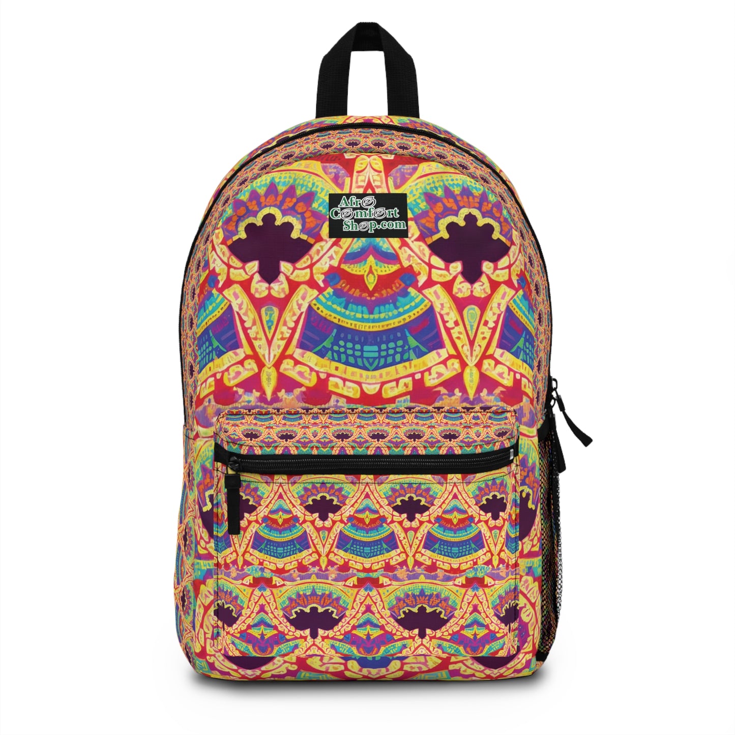 A colorful, African-inspired backpack with ornate, symmetrical patterns in bright yellow, orange, red, blue, and purple. The front features a zippered pocket and an Alter Current Elephant patch. Includes a black top handle and side mesh pocket.