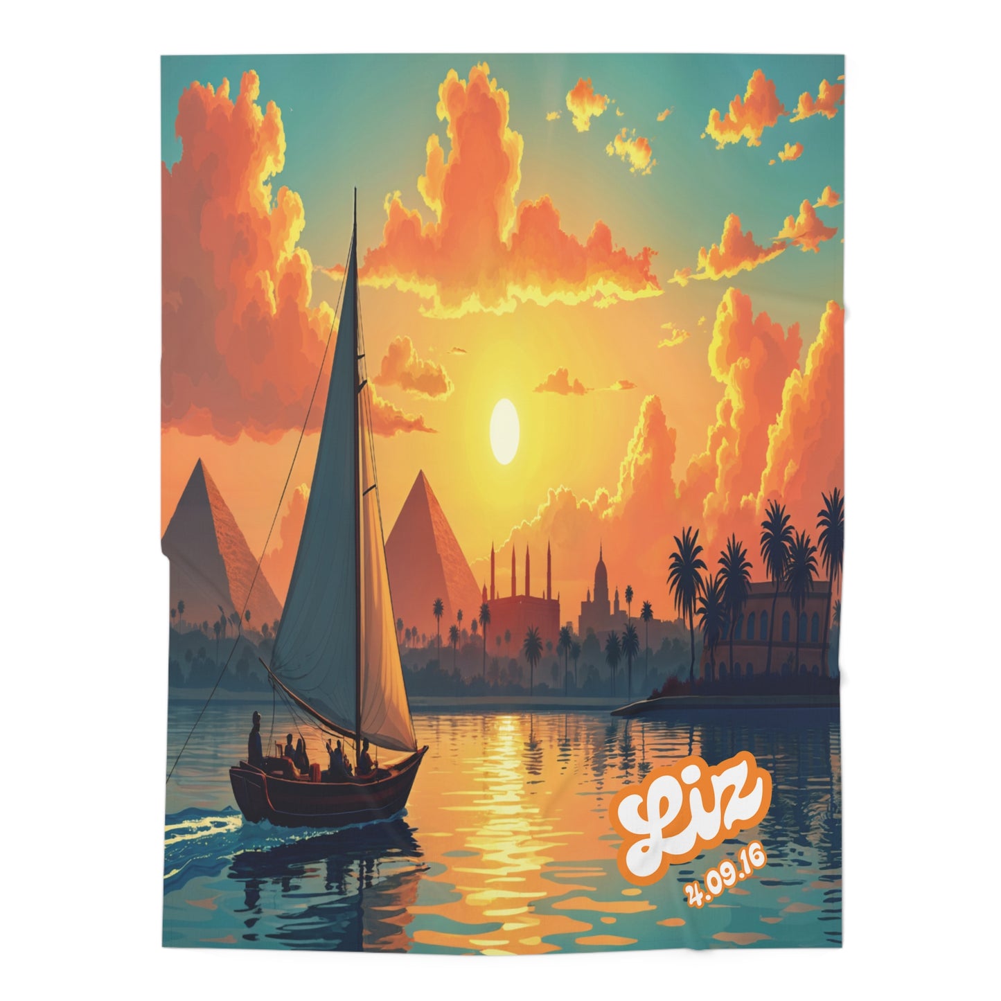 A sailboat with several people glides on a river at sunset, with glowing clouds, pyramids, mosques, palm trees, and distant buildings on the horizon—an enchanting scene perfect for African-inspired decor or a personalized baby blanket.