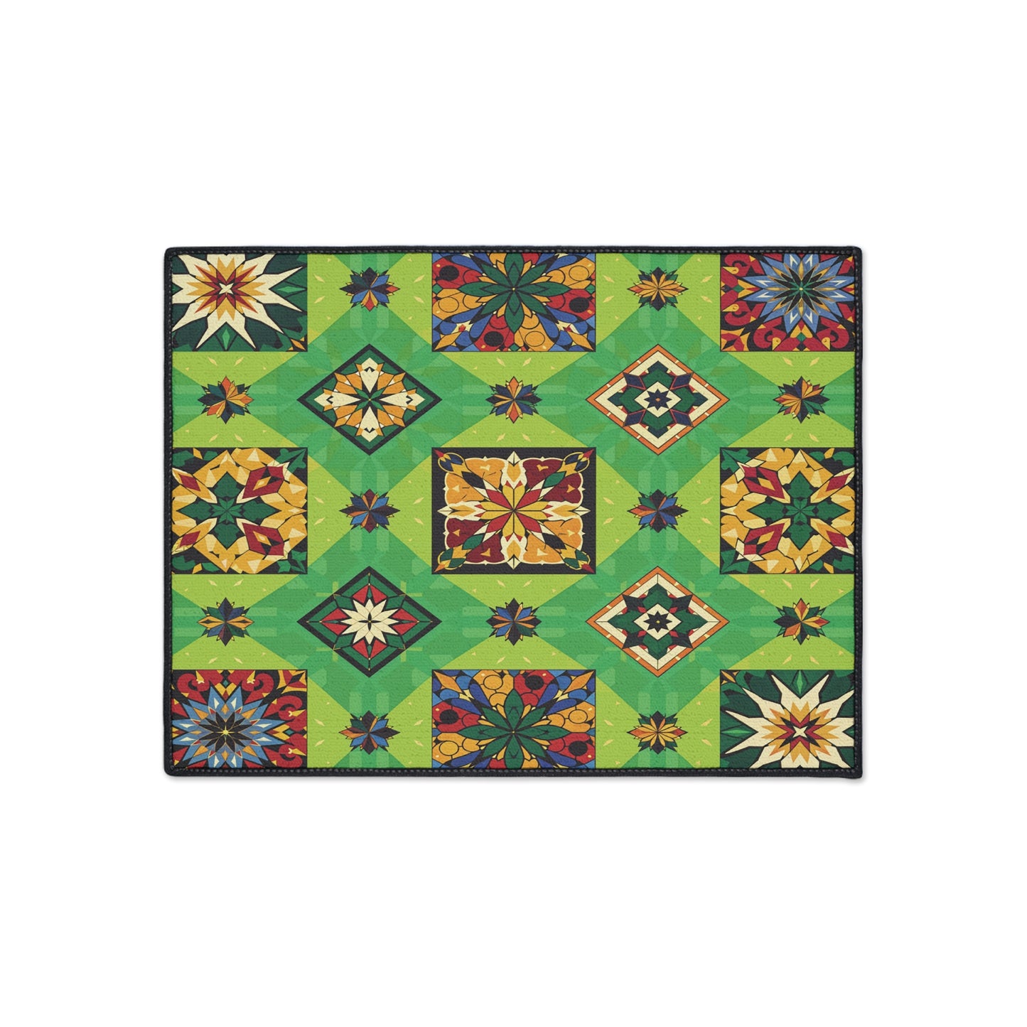 A colorful quilt features geometric patterns and starburst designs in red, yellow, blue, and green, arranged in a symmetrical layout. African-inspired aesthetics shine through, with a background of light and dark green and a thin black border.