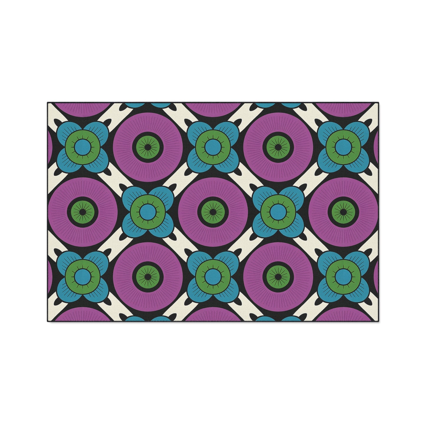 A geometric pattern featuring alternating purple circles with green centers and stylized blue and green flowers, arranged diagonally on a cream background with black outlining, blends retro style with African-inspired aesthetics—perfect for custom floor mats.