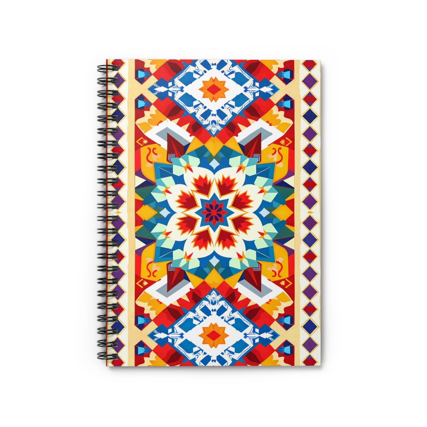 A spiral-bound notebook with a vibrant, African-inspired geometric pattern on the cover. Featuring a central starburst in blue, red, yellow, and white, its bold angular shapes evoke culturally inspired designs for a premium writing experience.