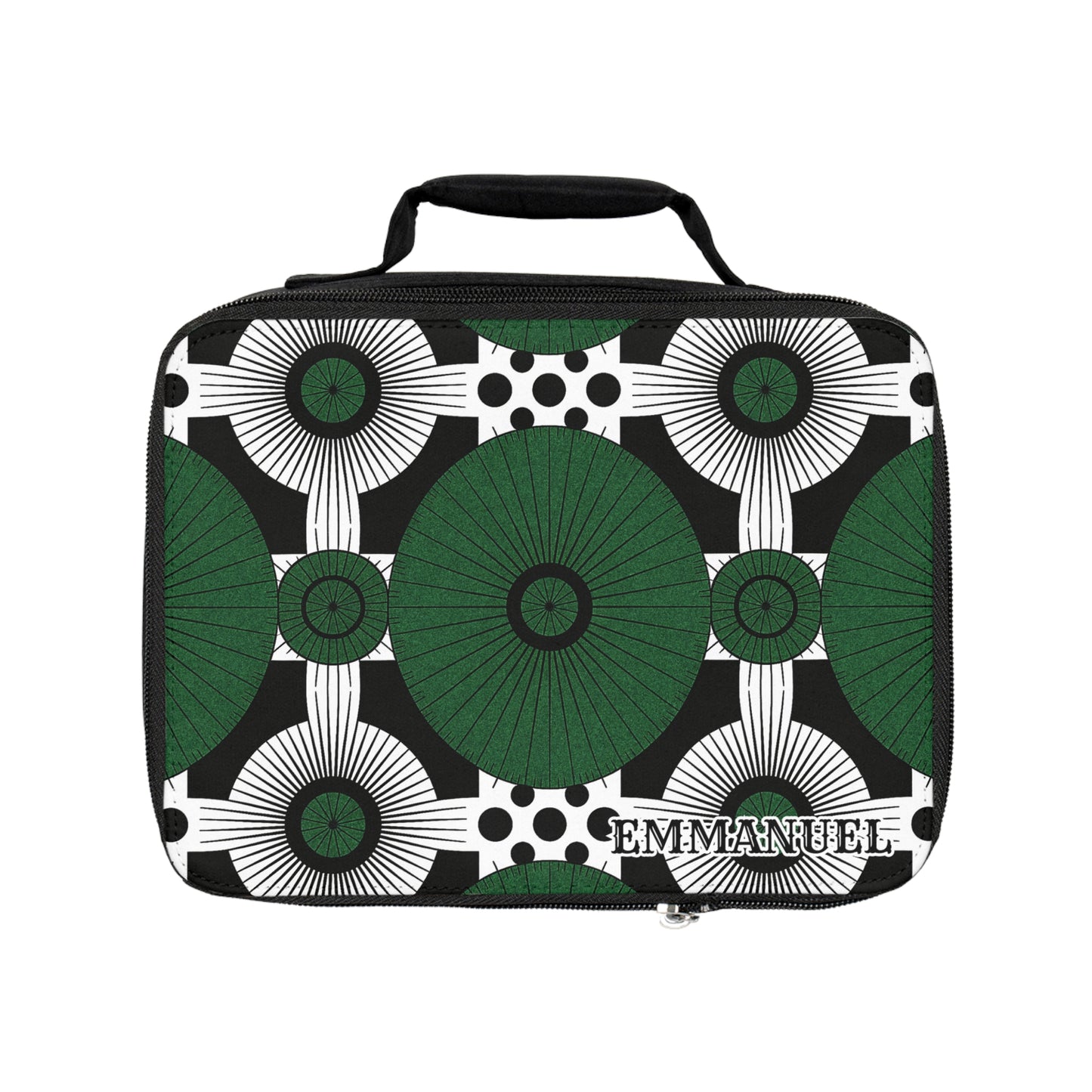 A rectangular insulated lunch tote with a handle, featuring a geometric pattern of large green circles, black and white radiating lines, and polka dots. The name EMMANUEL is printed in bold white letters on the lower right corner.