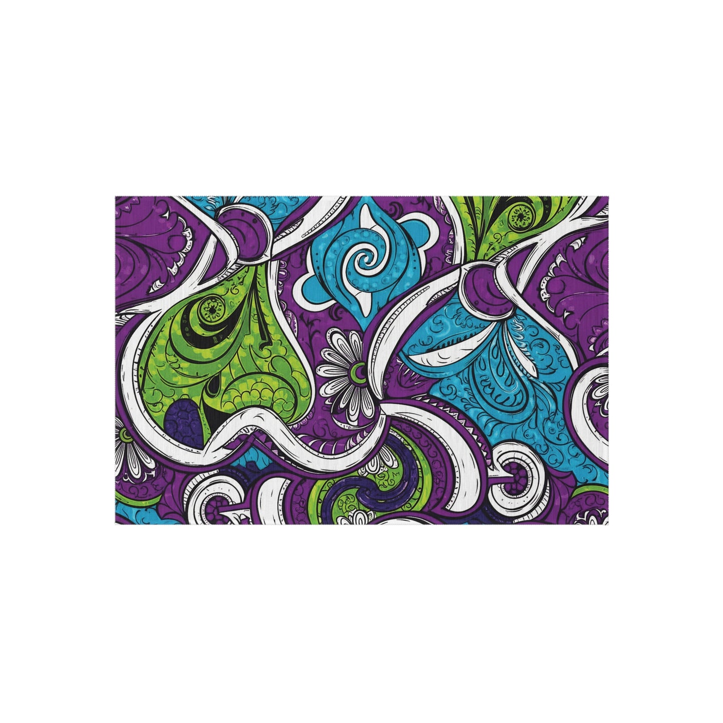 A vibrant abstract pattern with swirling shapes in green, blue, purple, and white. This lively polyester chenille rug features intricate lines, floral motifs, paisley forms, and leaf-like elements on a white background for a colorful statement.