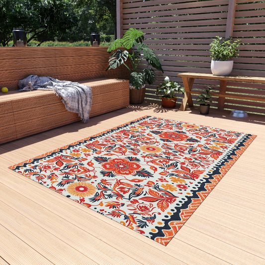 A bright patio features an African-inspired outdoor rug in colorful red, orange, and yellow patterns. A wicker sofa with a gray blanket, potted plants, a wooden table, and a lattice privacy screen complete this cozy outdoor seating area.