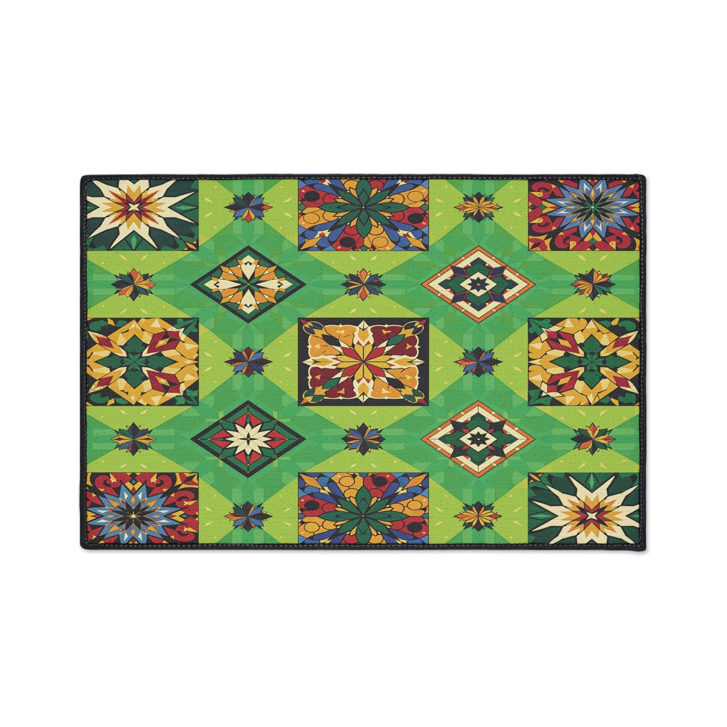 A rectangular quilt features a vibrant patchwork of geometric and floral patterns in red, green, yellow, blue, and orange, blending African-inspired aesthetics. Diamond and star shapes are arranged symmetrically on a bright green background.