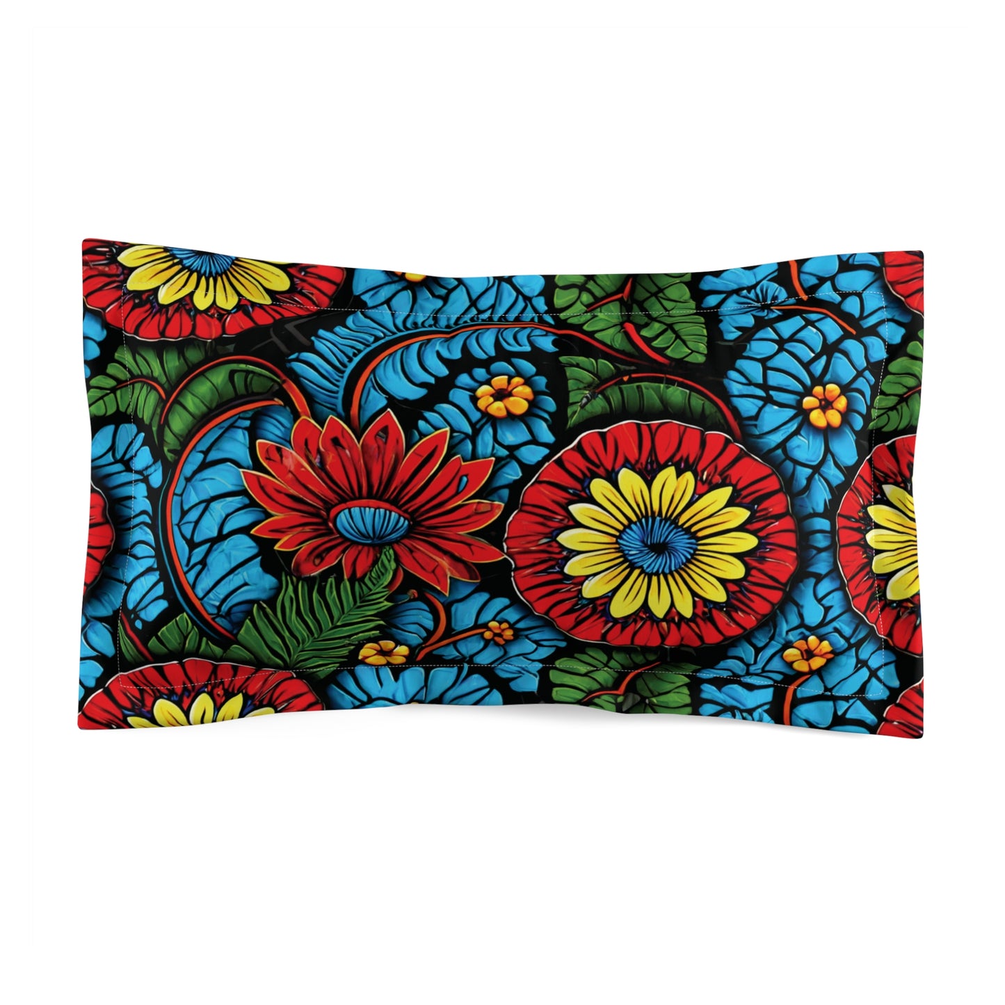A rectangular pillowcase features a bold floral pattern with large red, yellow, and blue flowers on soft microfiber. The vibrant colors and intricate design create a lively look, while the envelope closure adds a touch of convenience and style.