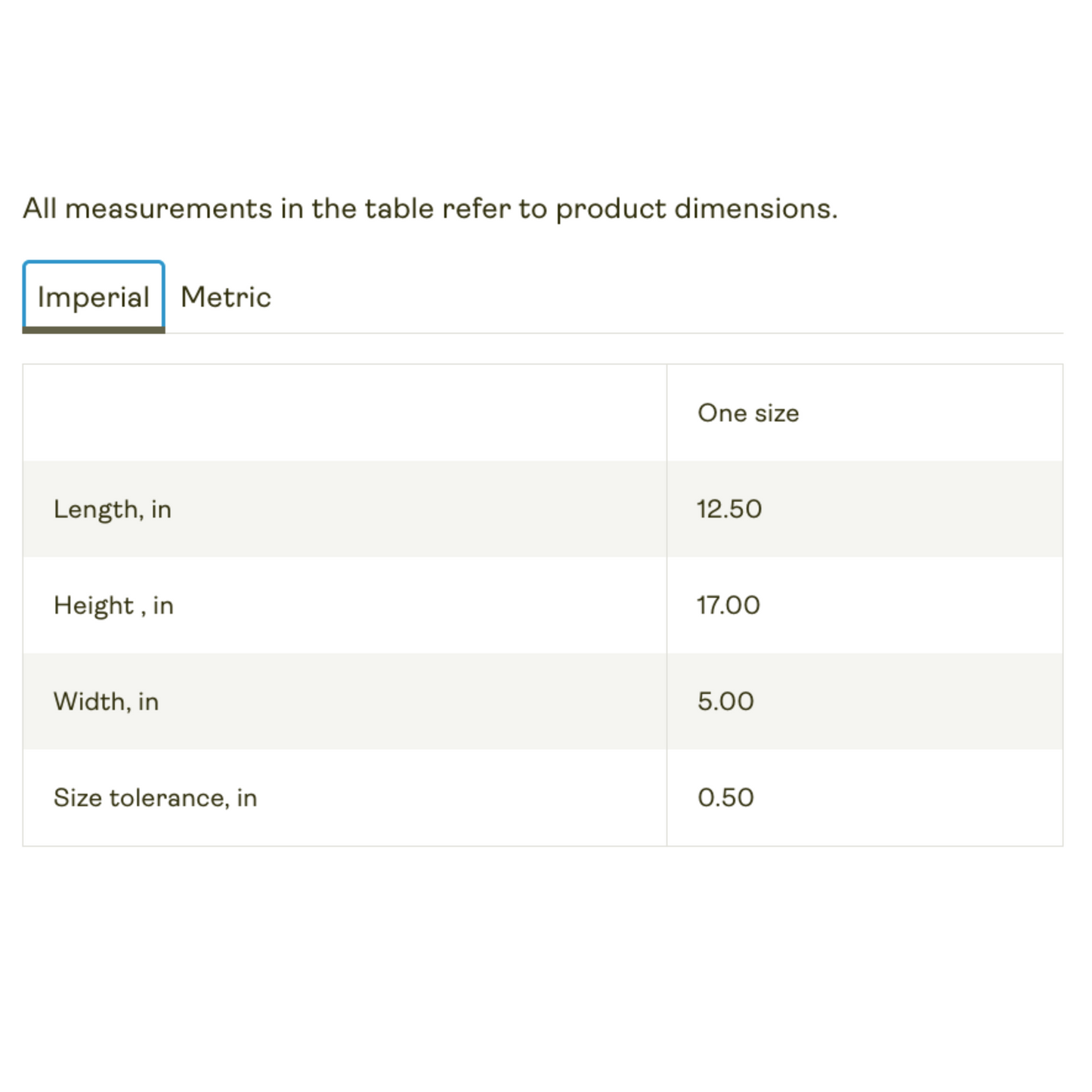Product dimensions table with imperial measurements on a white background