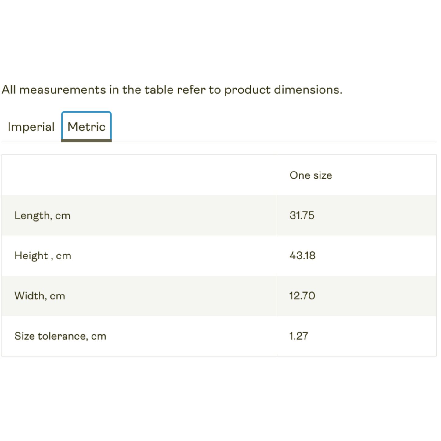 A size chart for the vibrant backpack in metric units shows: Length 31.75 cm, Height 43.18 cm, Width 12.70 cm, and Size tolerance 1.27 cm, all under One size. The Metric tab is selected next to an unselected Imperial tab.