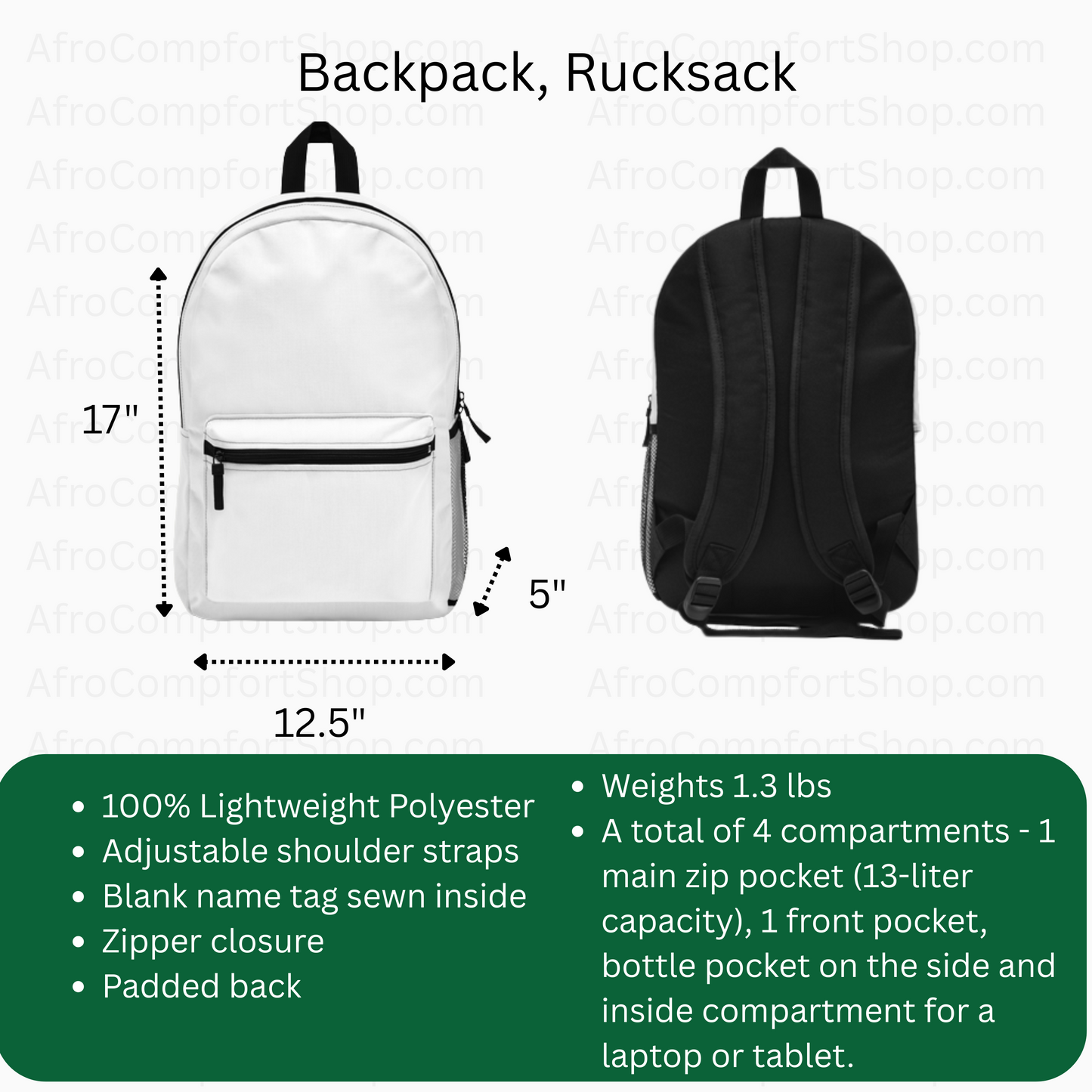 Two views of a vibrant backpack: front (white, with a front pocket and zippers) and back (black, showing adjustable padded straps). Annotations list dimensions, materials, features, compartments, and weight on a green background.