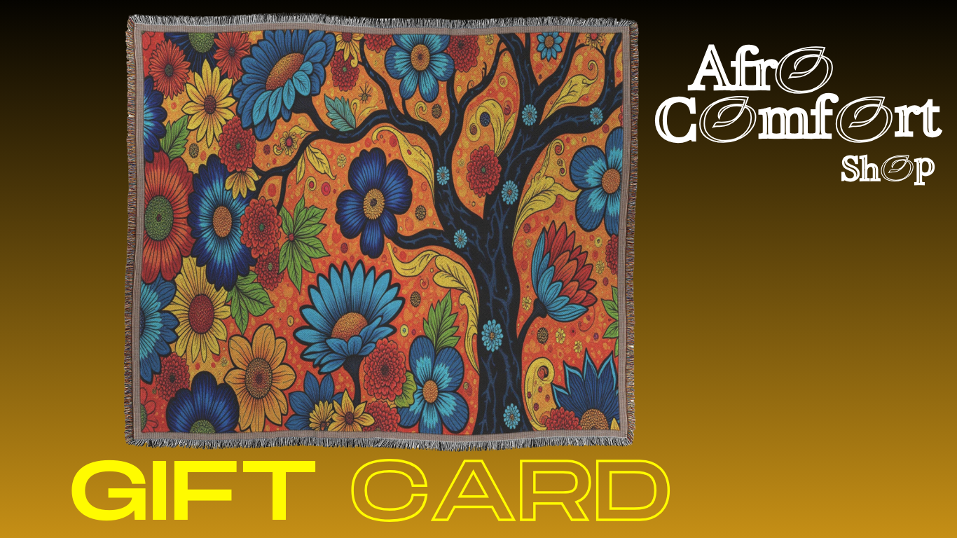A vibrant tapestry with large, colorful flowers and a bold black tree is centered on a gold gradient background. Afro Comfort Shop appears in white at the top right, highlighting digital gift cards and unique products for instant delivery. GIFT CARD is in yellow below.