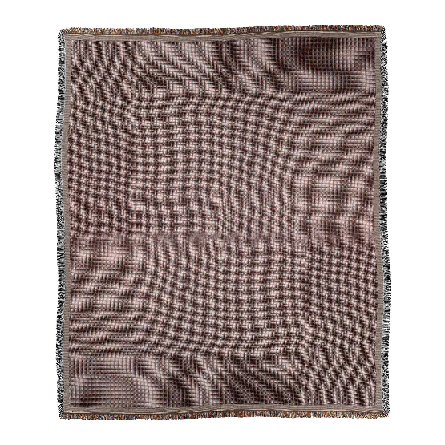 A rectangular woven blanket in a muted mauve-brown hue features a cozy weave, thin light beige-bordered edges, and short, multicolored fringe on all sides. The background is plain white.