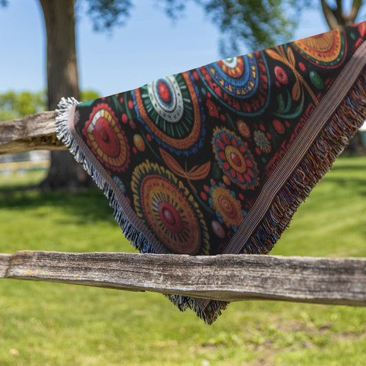 A colorful woven blanket with a cozy weave and intricate, circular floral patterns drapes over a rustic wooden fence rail. The background is grassy with trees and bright sunlight. The fringed edges and vibrant colors recall a striking West African print.