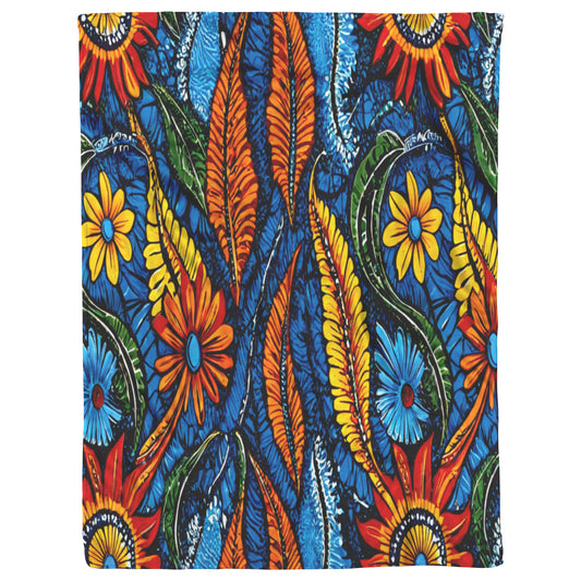 A colorful, African-inspired fabric pattern featuring large orange, yellow, and blue flowers with green and orange leaves, set against a detailed blue and black background. The arrangement is vibrant and densely packed, creating a lively look.