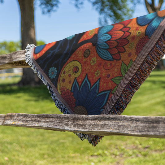 A vibrant throw blanket with a bold floral and paisley pattern drapes over a rustic wooden fence. The background features green grass, trees, and a partly cloudy blue sky, suggesting a sunny day in a park or rural setting.