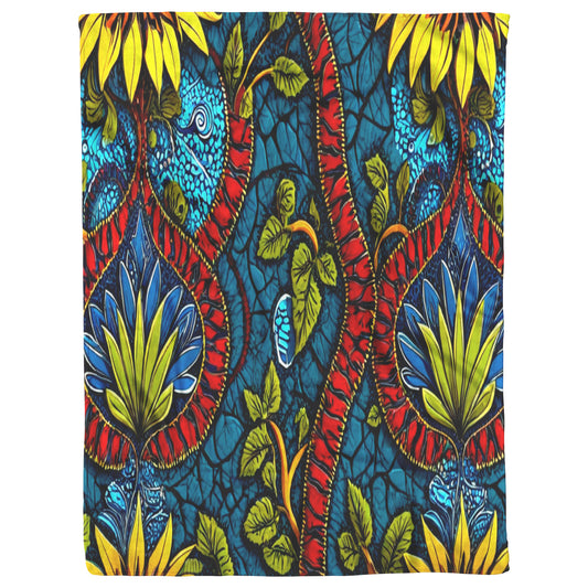 A vibrant textile perfect for cozy blankets features bold yellow, blue, and green leaves with red, twisting vines against a deep blue, cracked background. The symmetrical pattern brings African-inspired fleece blankets to life with striking color contrasts.