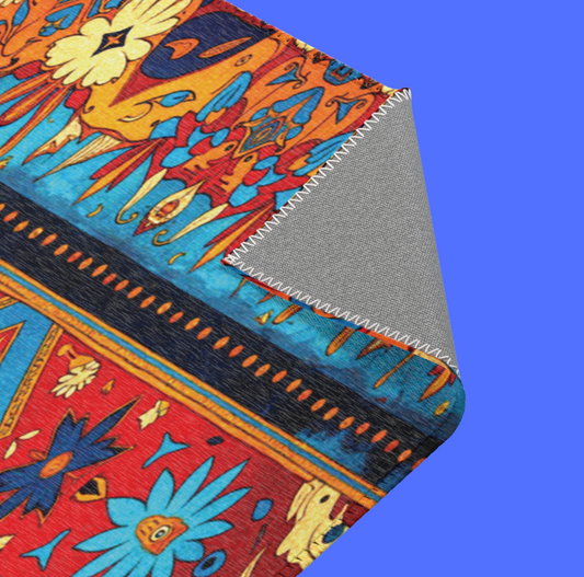 A close-up of a stylish colorful rug featuring vivid red, blue, yellow, and black designs. The corner is folded over, revealing a plain gray underside with zigzag stitches along the edge, all against a solid blue background.