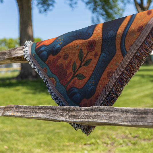 A colorful, African-inspired fringed blanket with floral and wavy patterns drapes over a wooden fence. The background features green grass, leafy trees, and blue sky, suggesting a sunny day in a park or natural setting.
