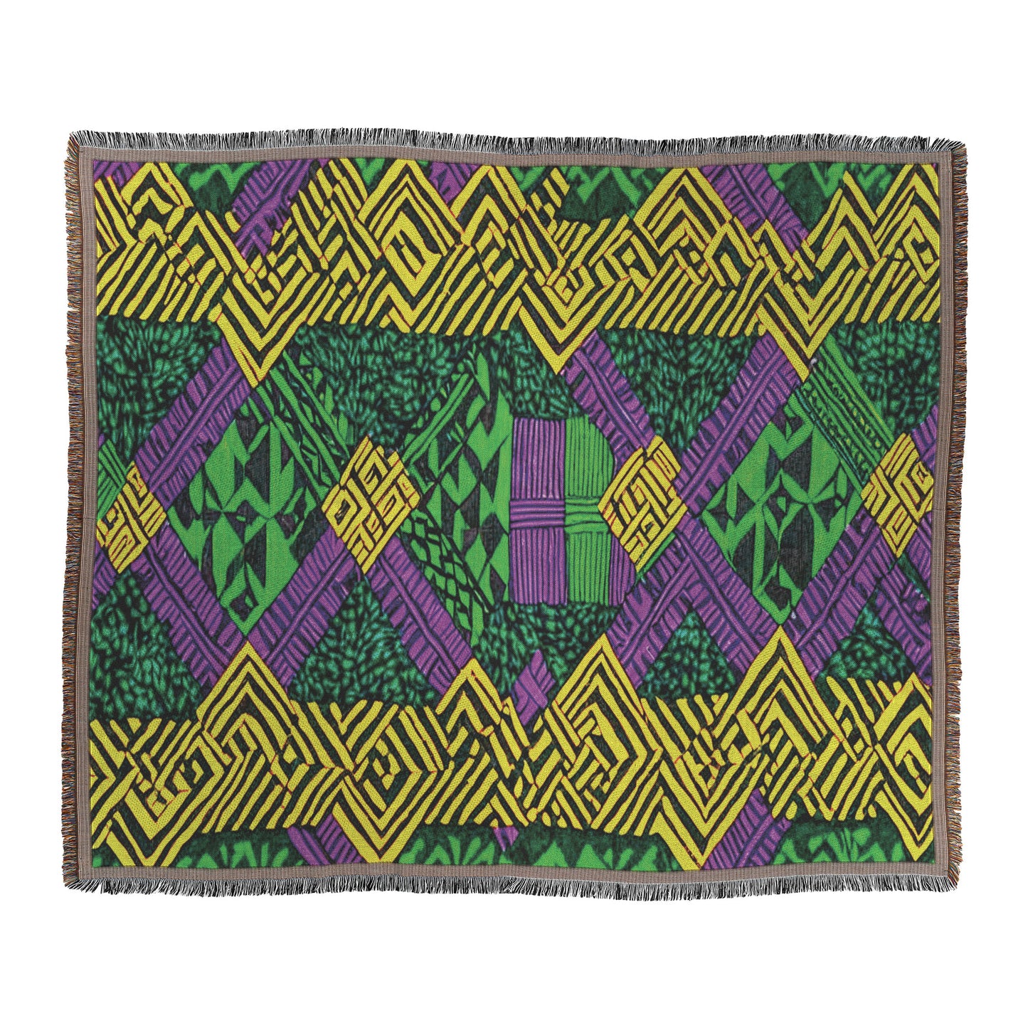 A rectangular woven blanket with intricate geometric patterns in green, yellow, and purple. Inspired by West African print, the design features interlocking zigzags, rectangles, and diamonds with fringed edges for a bold and vibrant visual effect.