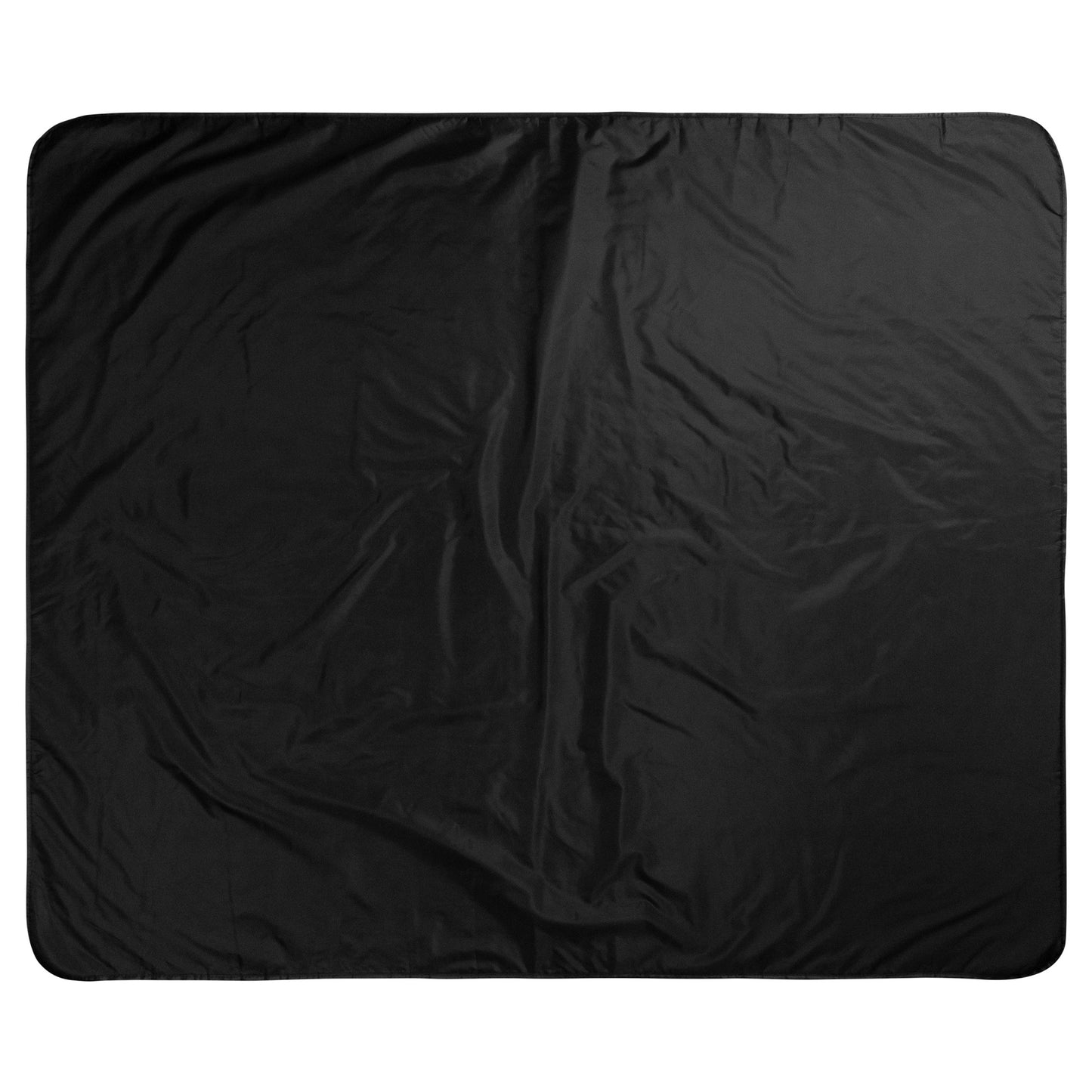 A large rectangular black fabric, slightly shiny with visible creases and wrinkles, lies flat against a white background. The texture appears smooth and lightweight, resembling a water-resistant stadium blanket with rounded edges.